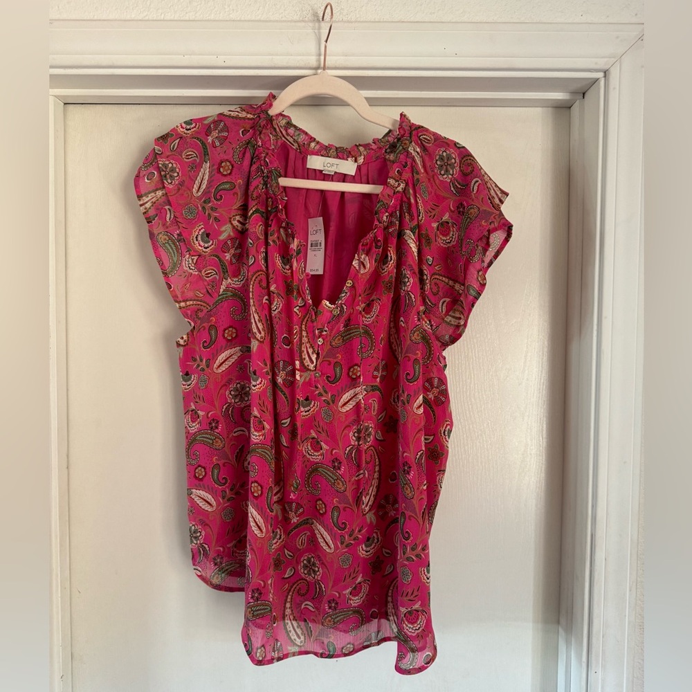 LOFT Pink Paisley Ruffle Neck Blouse NWOT hand washed hung dry